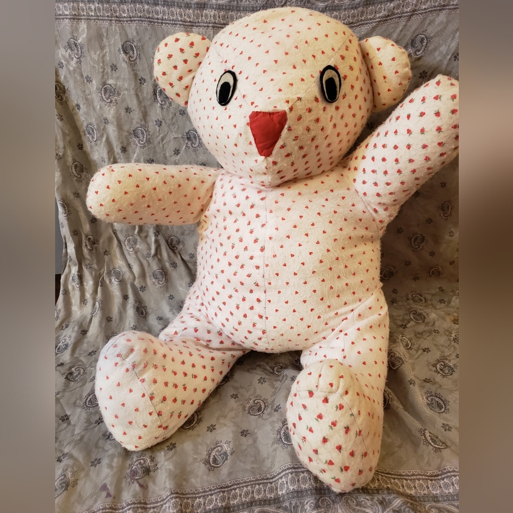 IRRESISTABLE Vintage Handmade Strawberry Print Plush Bear - Cottagecore OOAK 15"